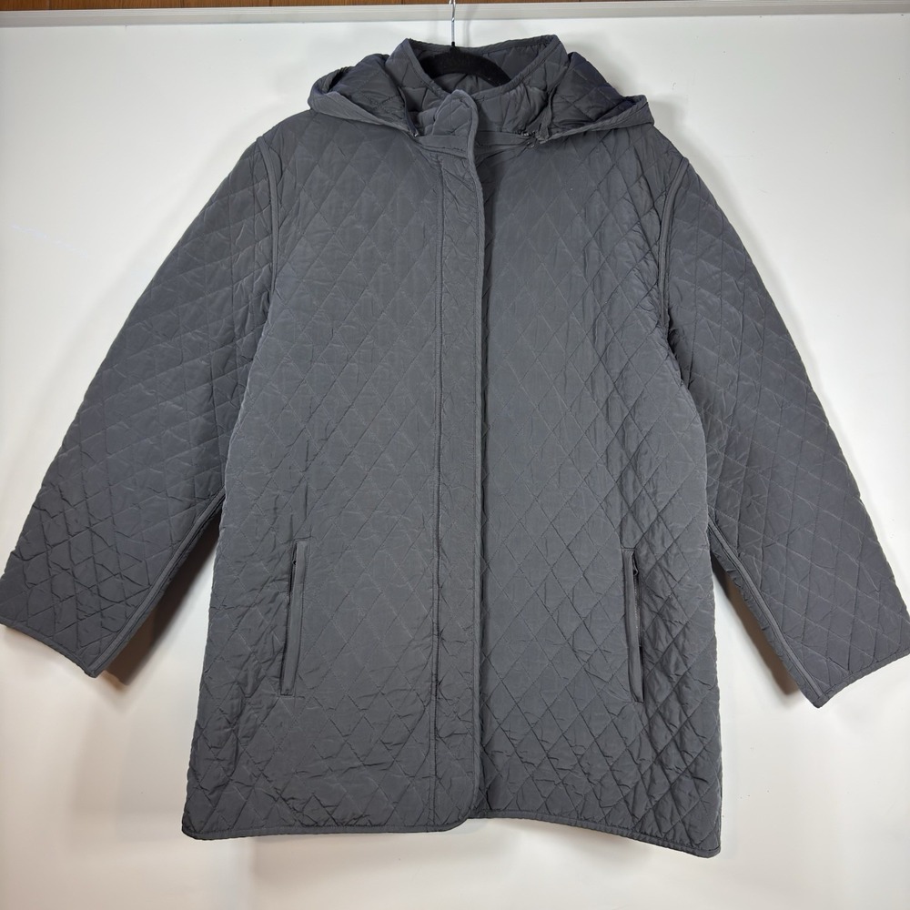 Garnet Hill Womens Gray Quilted Hooded Jacket Size 14 Diamond Pattern Coat